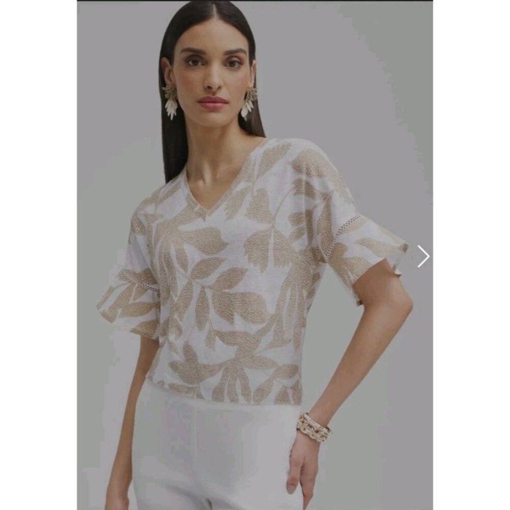 Chico's 3 (XL) Leaves Linen Blend Flutter Sleeve Top Beige White